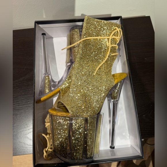 Pleaser Flamingo 1018G Gold Glitter Open Toe Lace Up back Size 7 - Picture 2 of 10